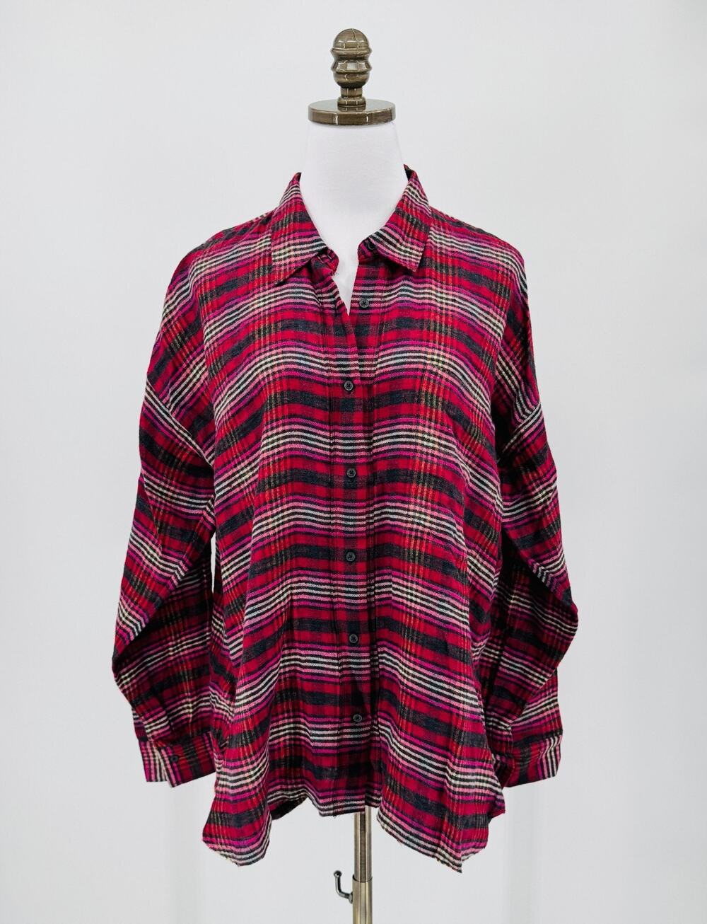 Lis Lareida Lucienne Red Plaid Flannel Linen Collared Button Up Top Sz 40 US M